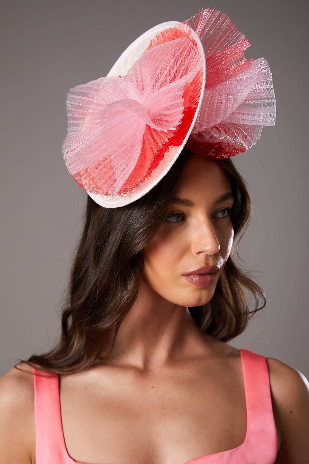 Coast Lisa Tan Side Facing Ruffled Mesh Fascinator Coral image 1