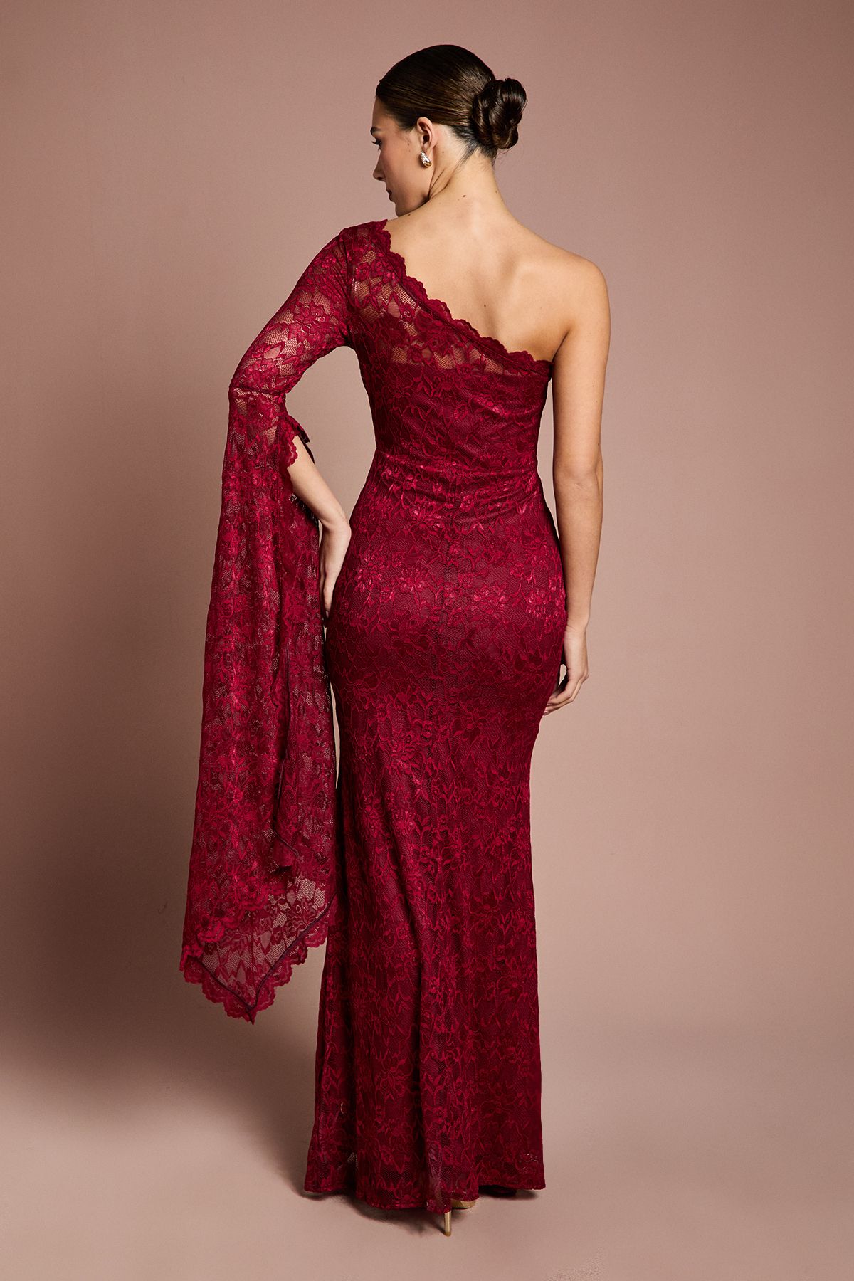 Coast One Shoulder Cap Detail Lace Maxi Dress Wine image 3