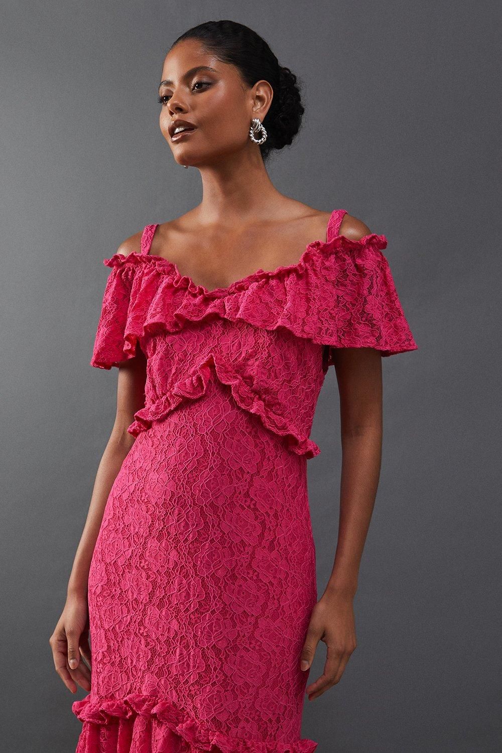 Warehouse Corded Lace Ruffle Fallen Shoulder Midi Dress Pink image 4