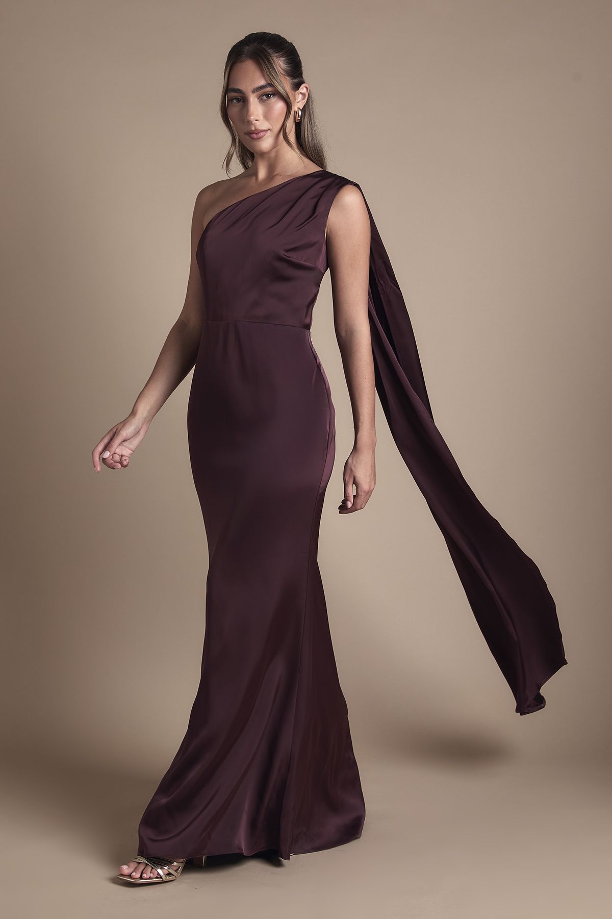 Coast Coast Honoured Drape One Shoulder Satin Maxi Bridesmaid Dress Espresso