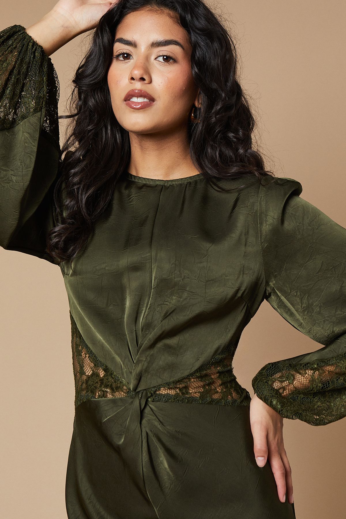 Oasis Petite Lace Insert Satin Midi Dress Khaki image 2