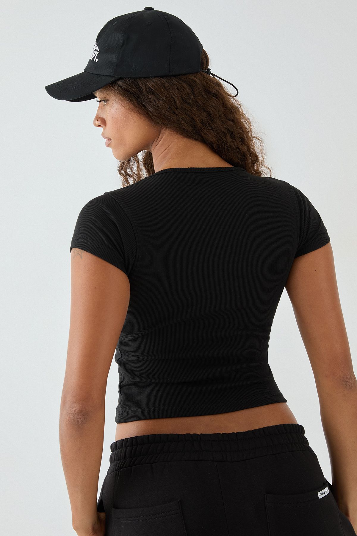 DSGN Studio DSGN Studio Square Script Embroidered Rib Fitted Button Through Top Black image 2