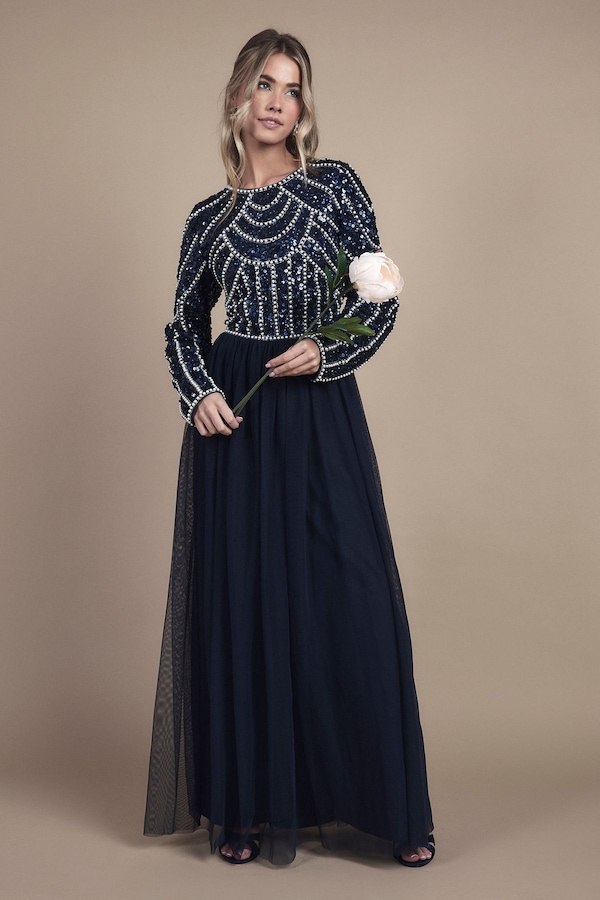 Coast Teen Pearl Embellished Bodice Bridesmaid Tulle Skirt Dress Navy