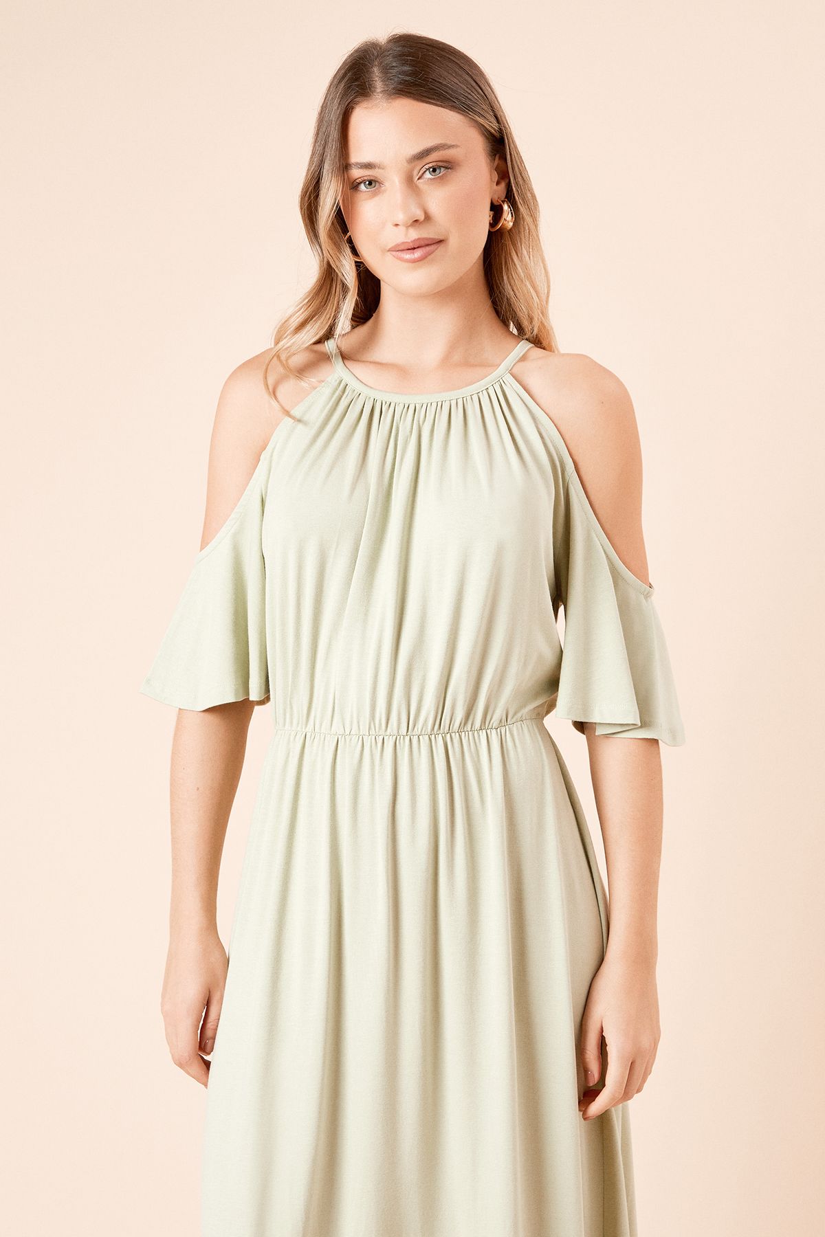 Dorothy Perkins Cold Shoulder Halterneck Jersey Midi Dress Sage image 2