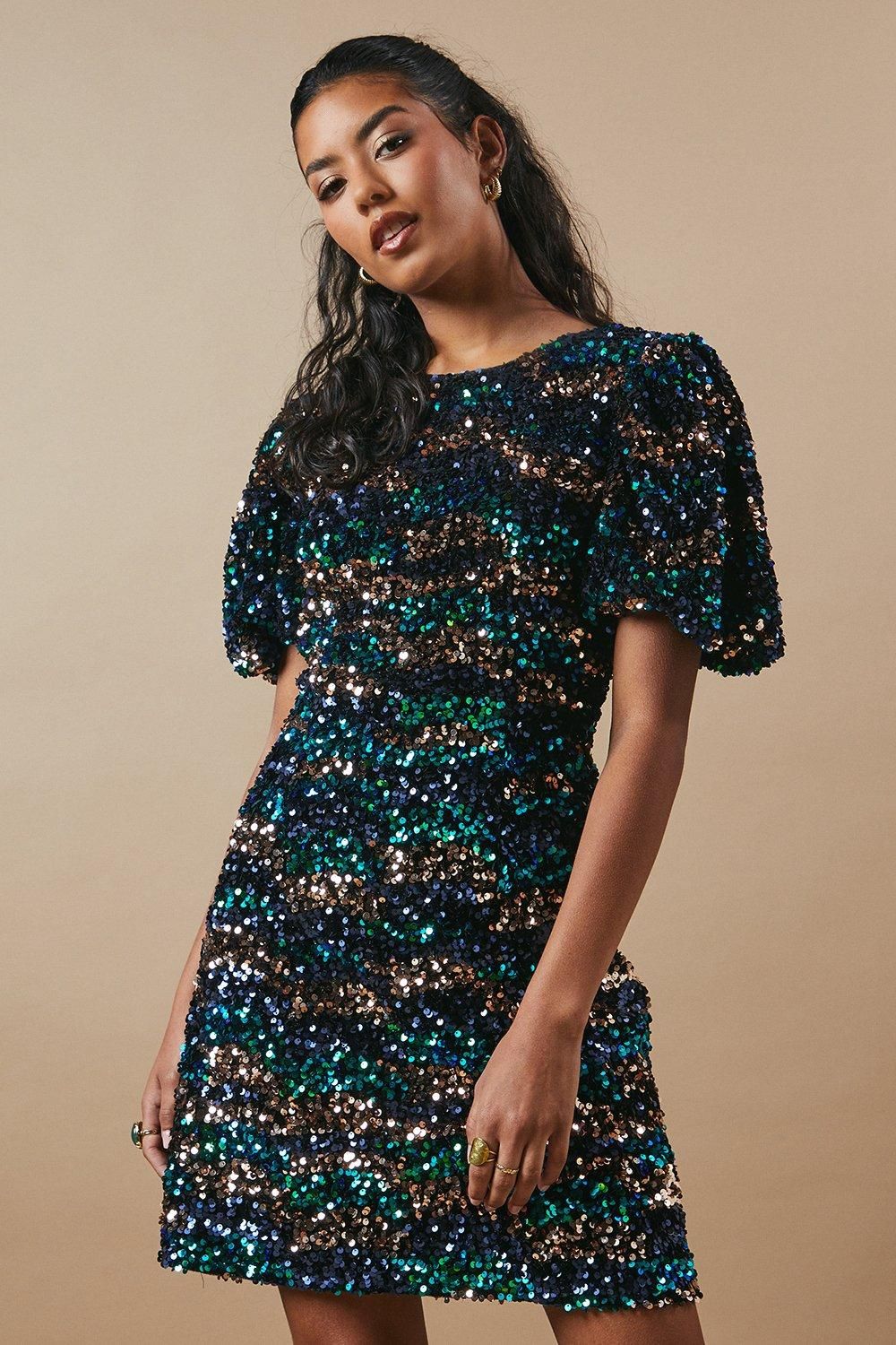 Oasis Petite Occasion Puff Sleeve Sequin Mini Dress Green image 1