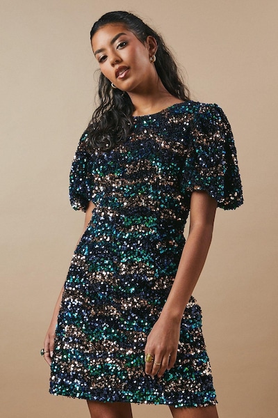 Oasis Petite Occasion Puff Sleeve Sequin Mini Dress Green