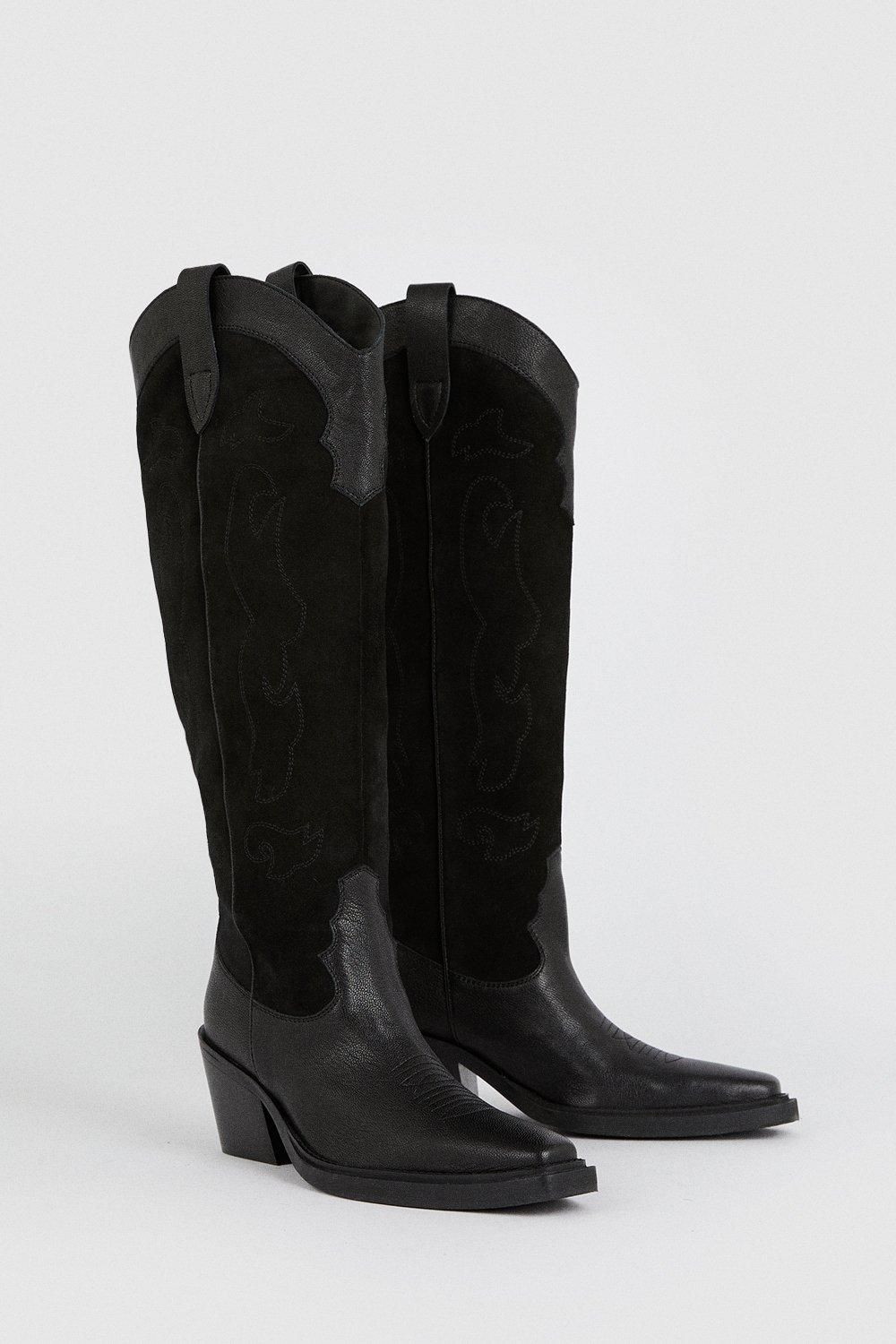 Oasis Leather And Suede Stitch Detail Western Cowboy Knee Boot Black image 3