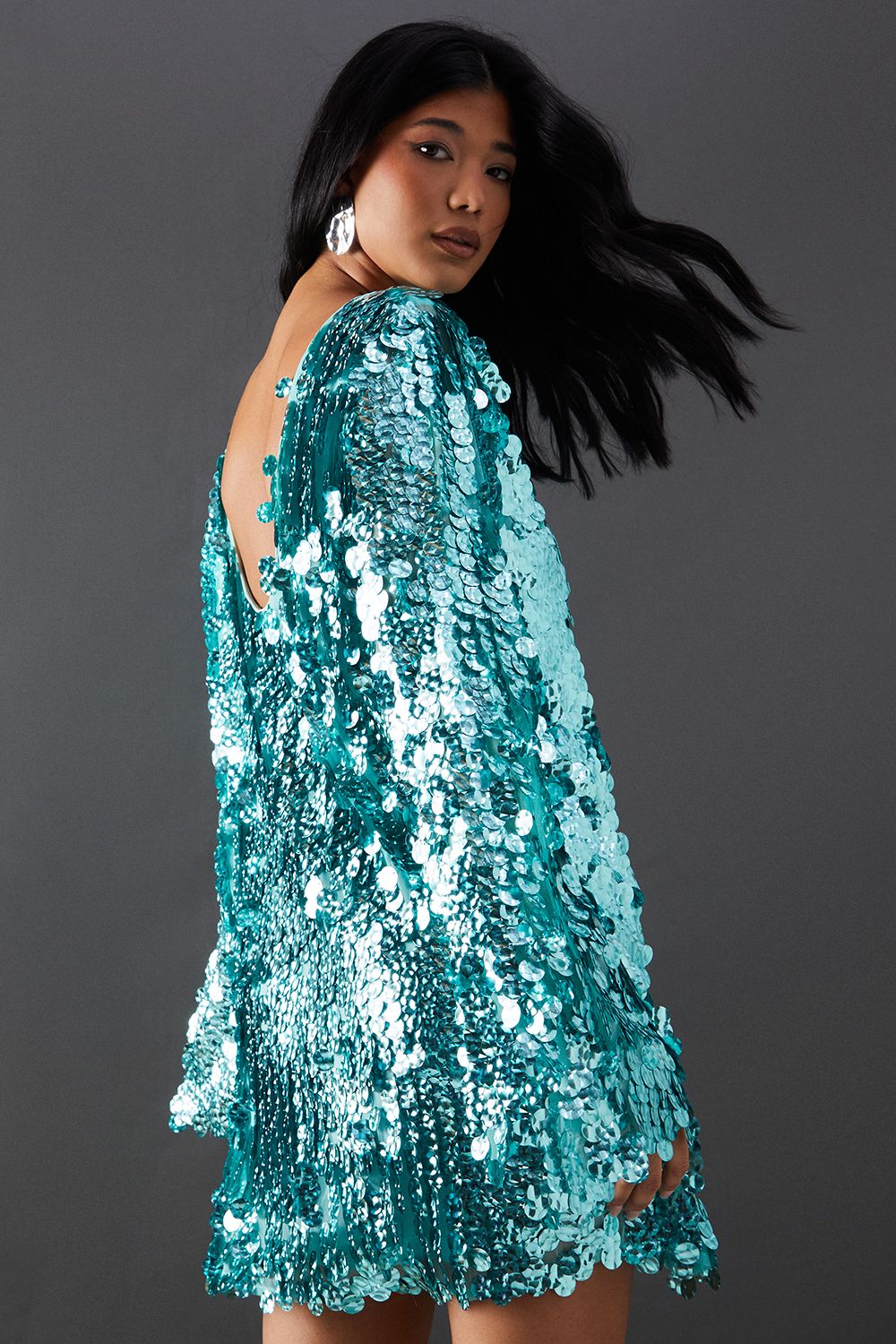 Warehouse Premium Holographic Sequin Slash Neck Mini Dress Green image 3