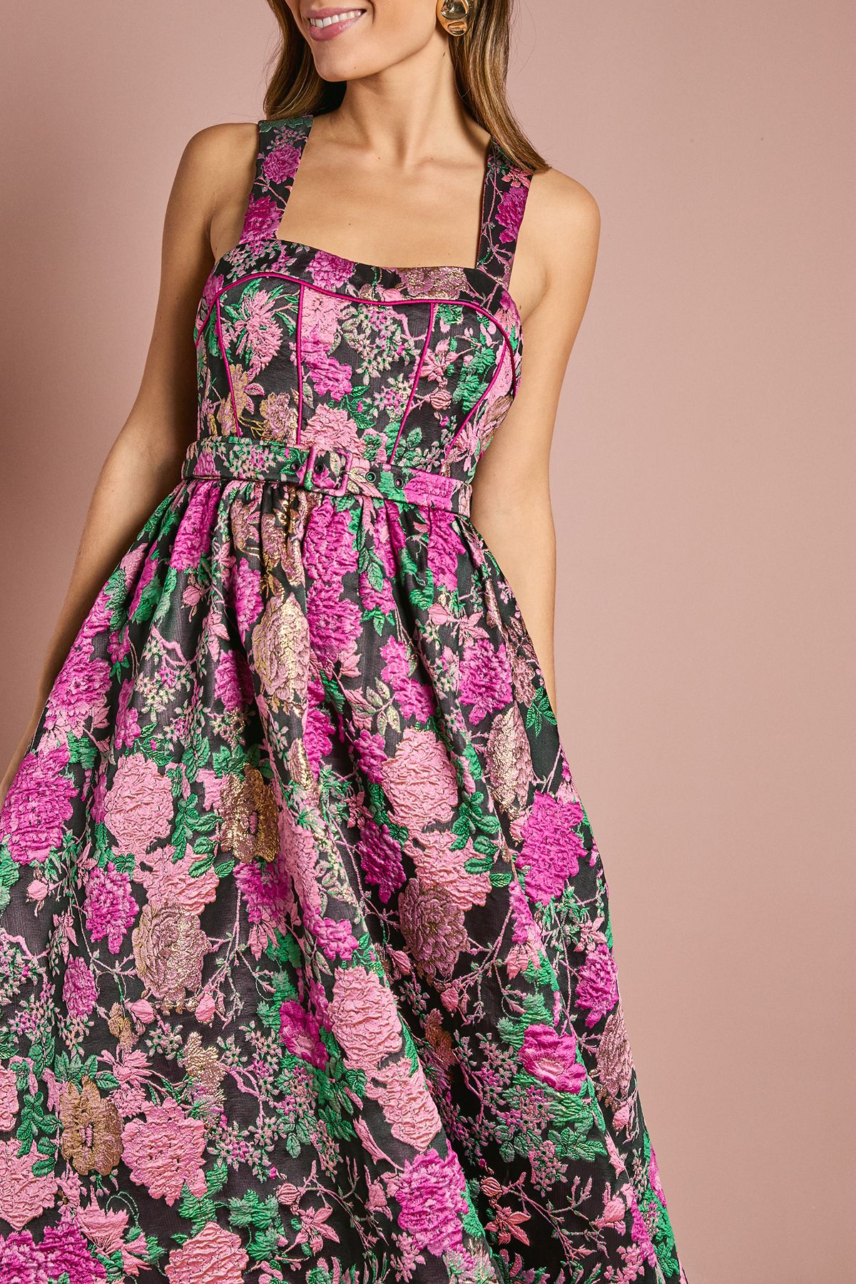 Coast Corset Bodice Full Skirted Jacquard Midi Dress Pink image 2