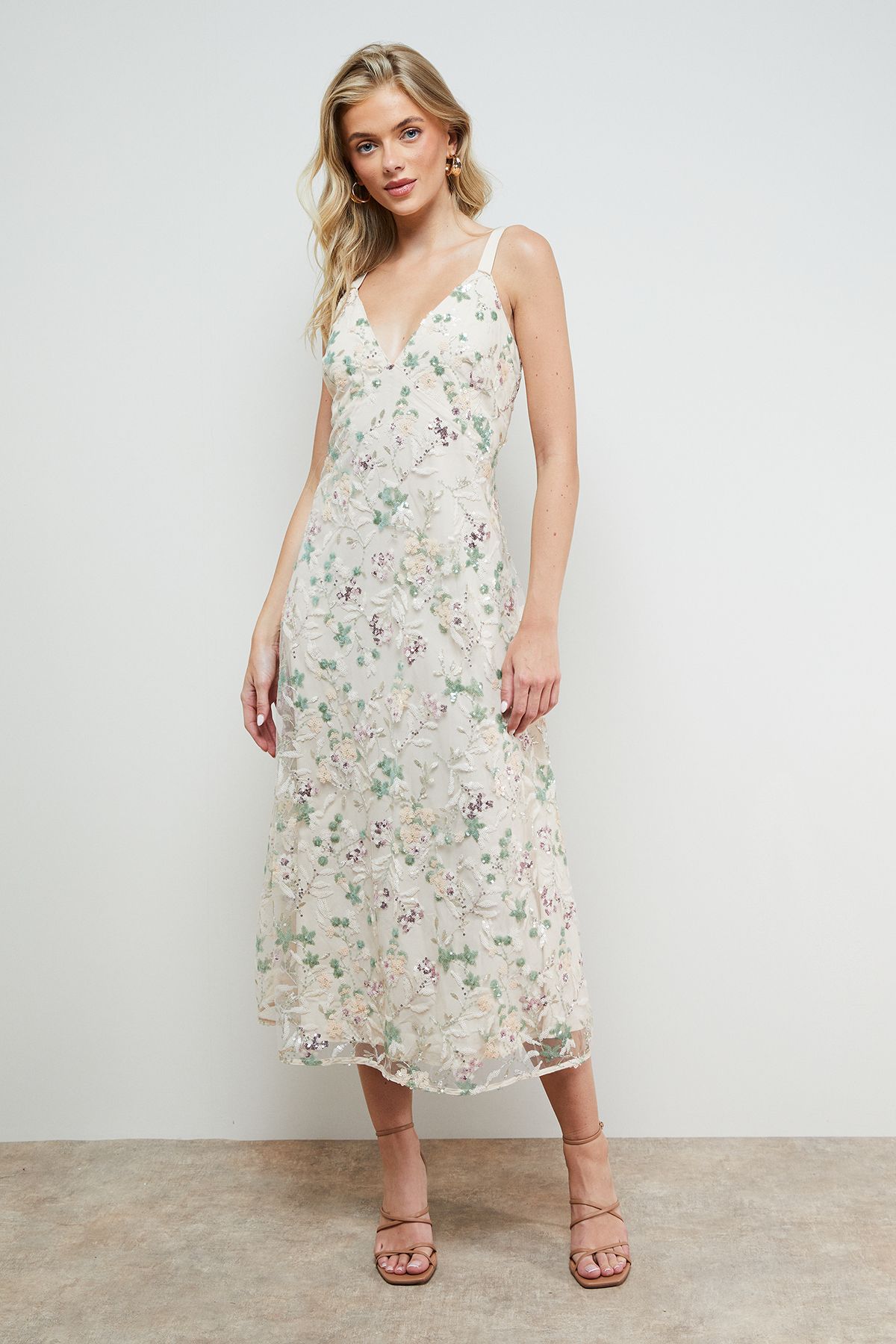 Oasis Hand Embellished V Neck Midi Dress Ivory image 1