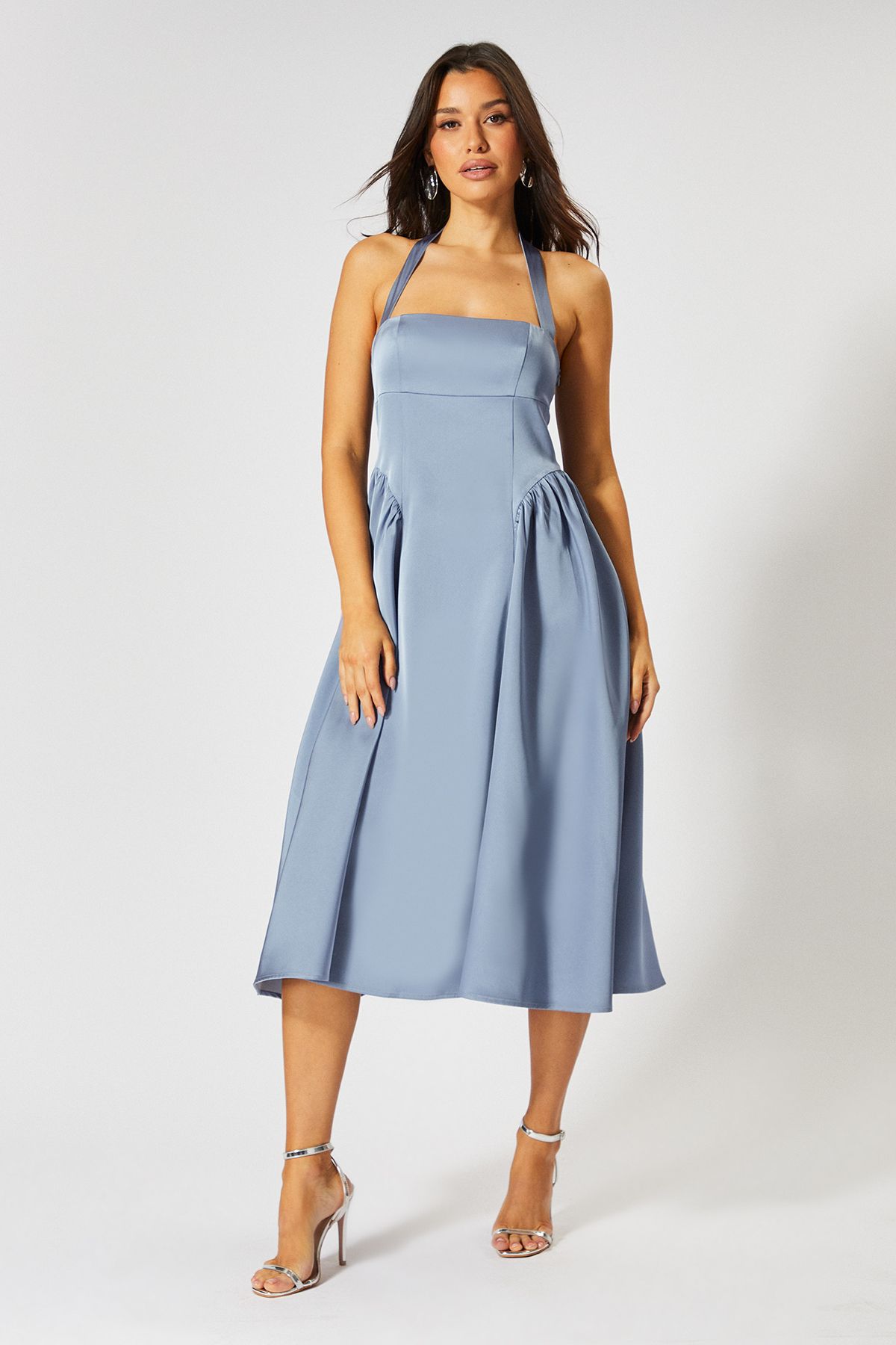 MissPap Satin Halterneck Midi Bridesmaid Dress Slate Blue image 3