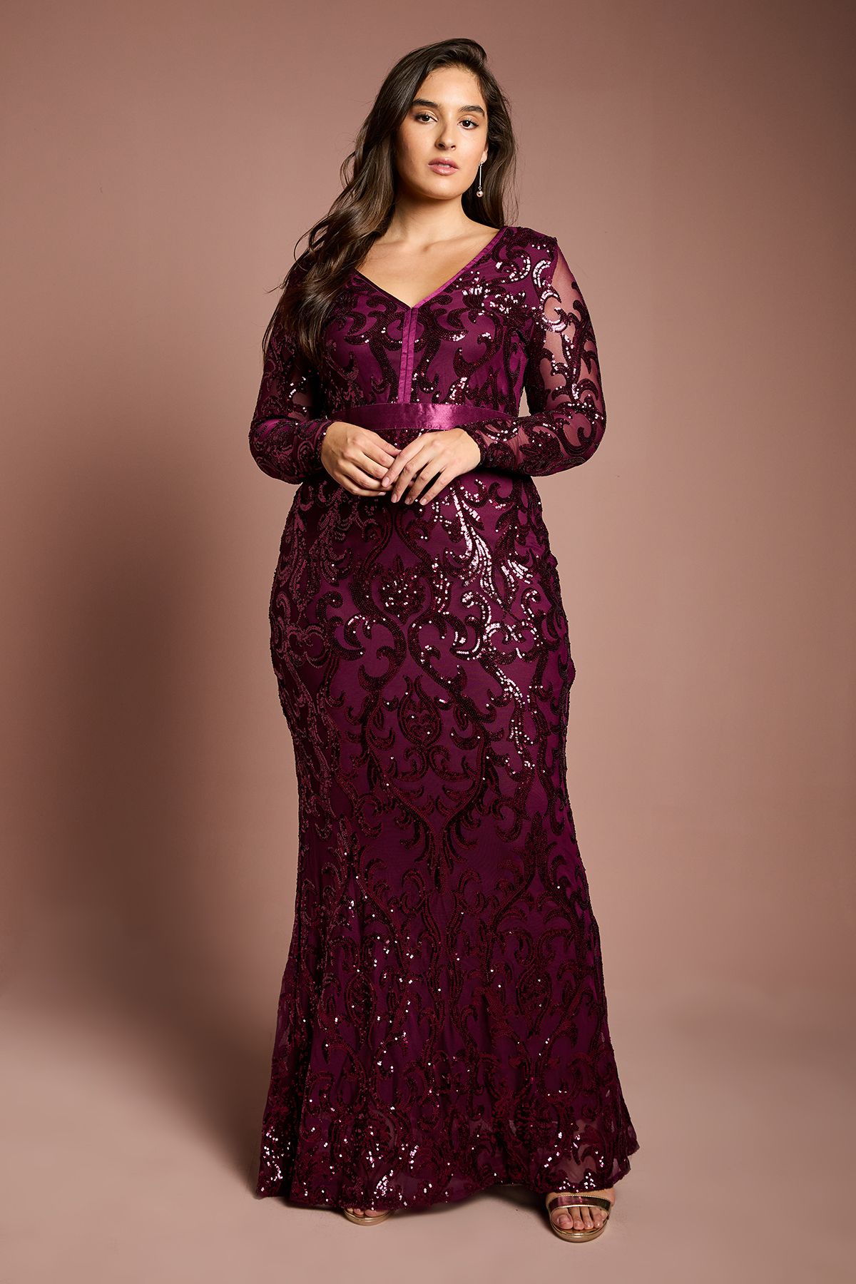 Coast Plus Size Long Sleeve Sequin Maxi Dress Burgundy image 1