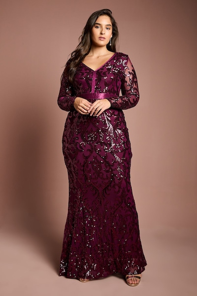Coast Plus Size Long Sleeve Sequin Maxi Dress Burgundy