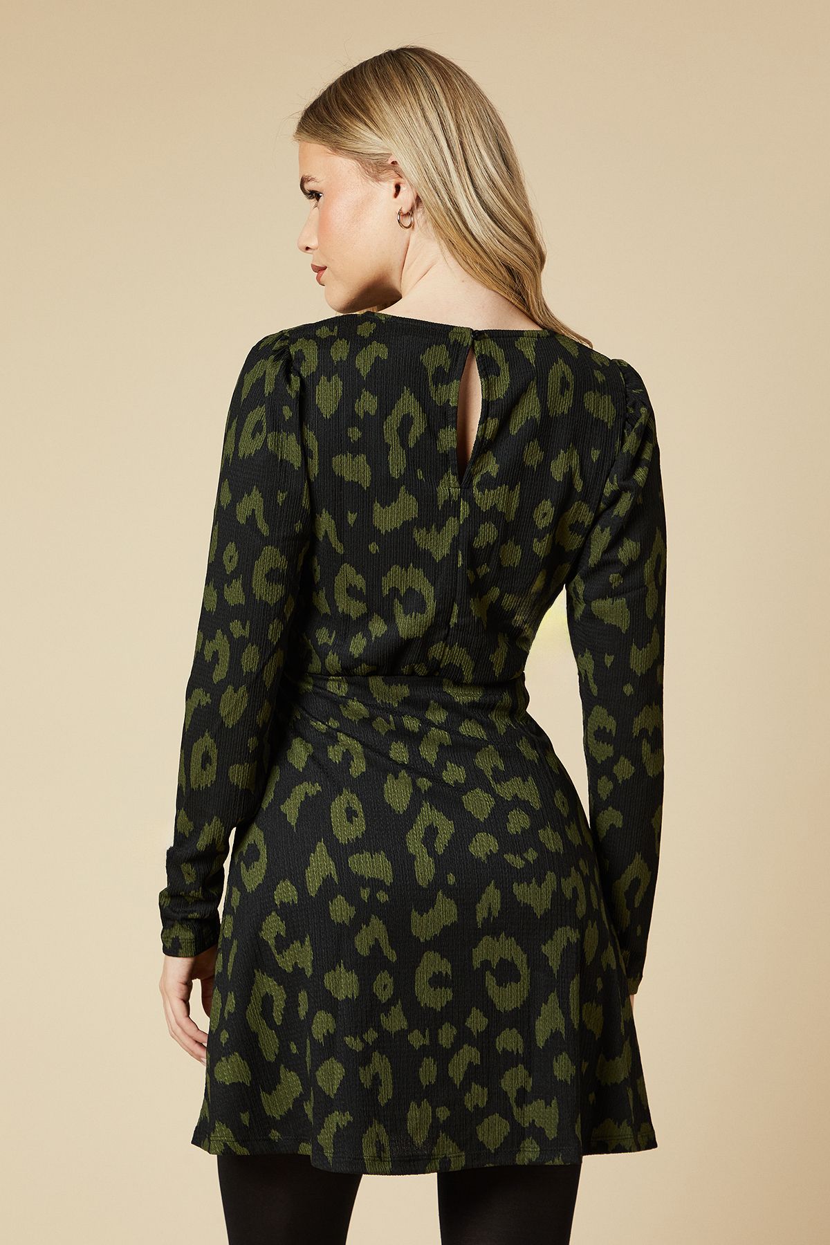 Dorothy Perkins Puff Sleeve Fit And Flare Mini Dress Khaki image 3