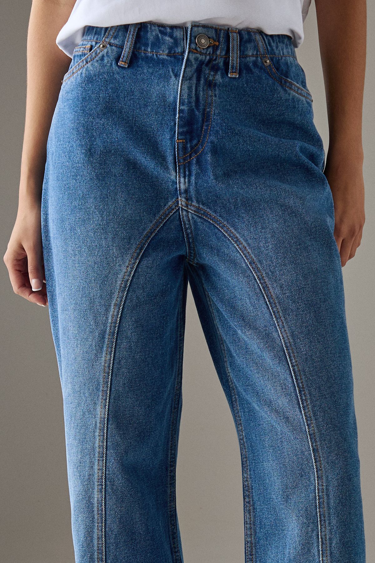 Warehouse Washed Raw Waist Seam Detail Denim Dad Jean Mid Wash image 4