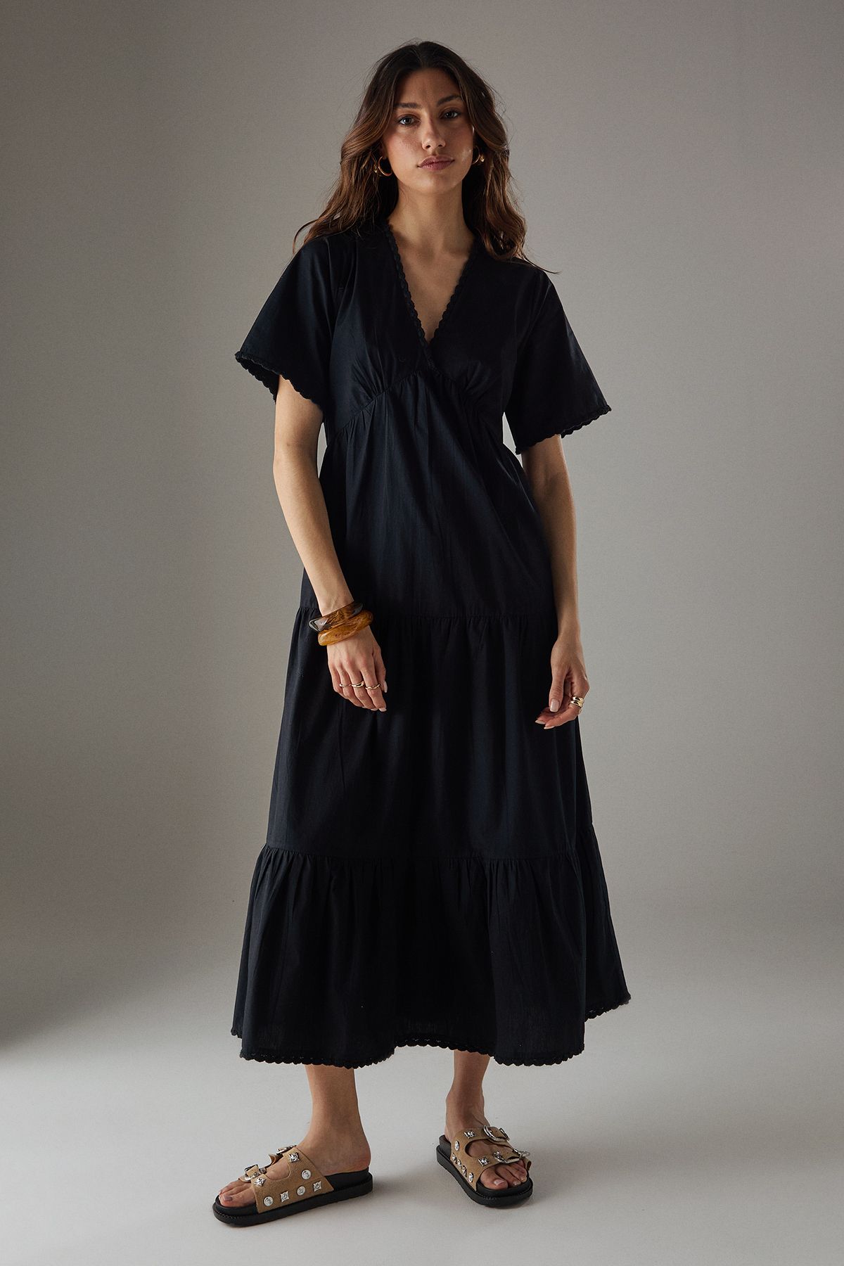 Warehouse Poplin Whipstitch Trim Midi Smock Dress Black image 1