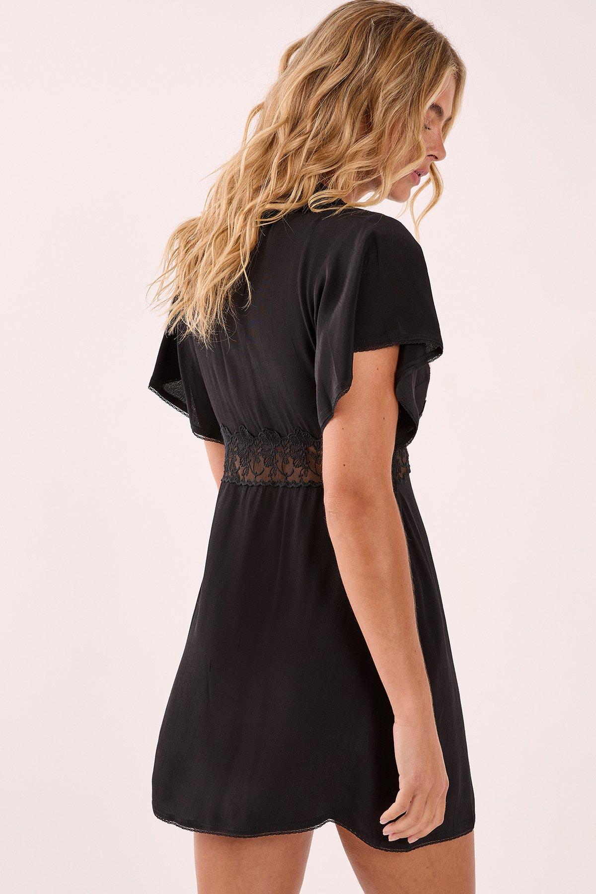 NastyGal Floral Embroidered Lace Cutwork Plunge Mini Dress Black image 4