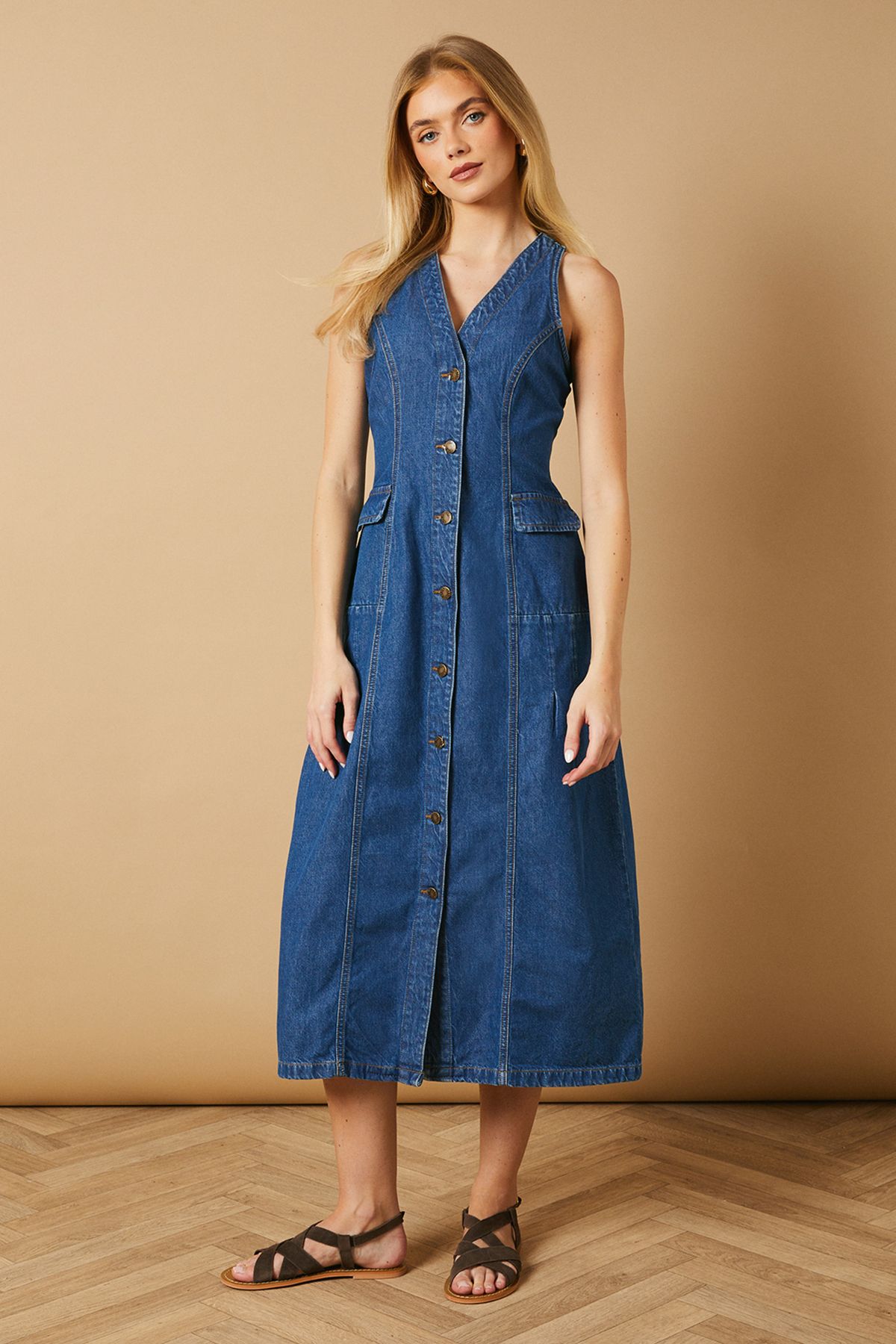 Oasis Flap Pocket Drop Waist Seam Midi Dress Dark Wash image 1