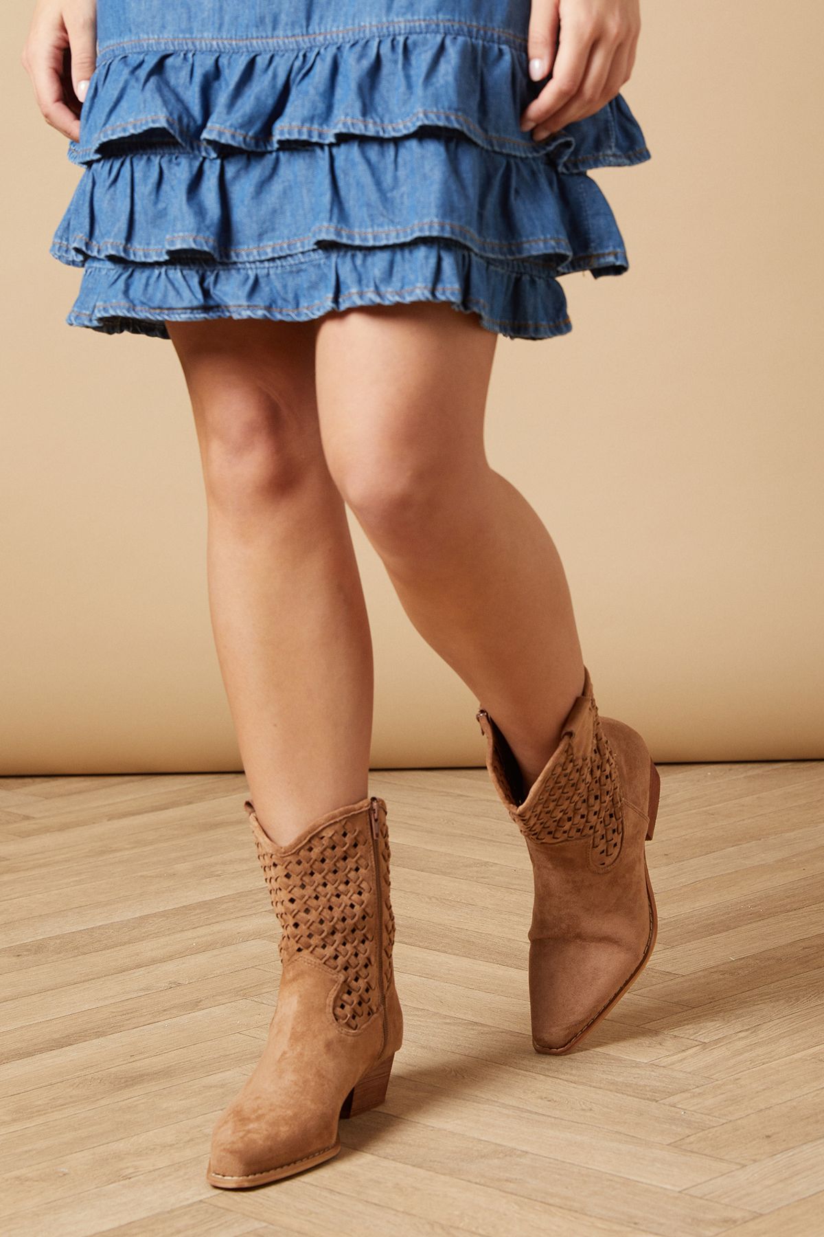 Oasis Avalina Faux Suede Chisel Toe Lattice Detail Western Cowboy Ankle Boots Tan image 2