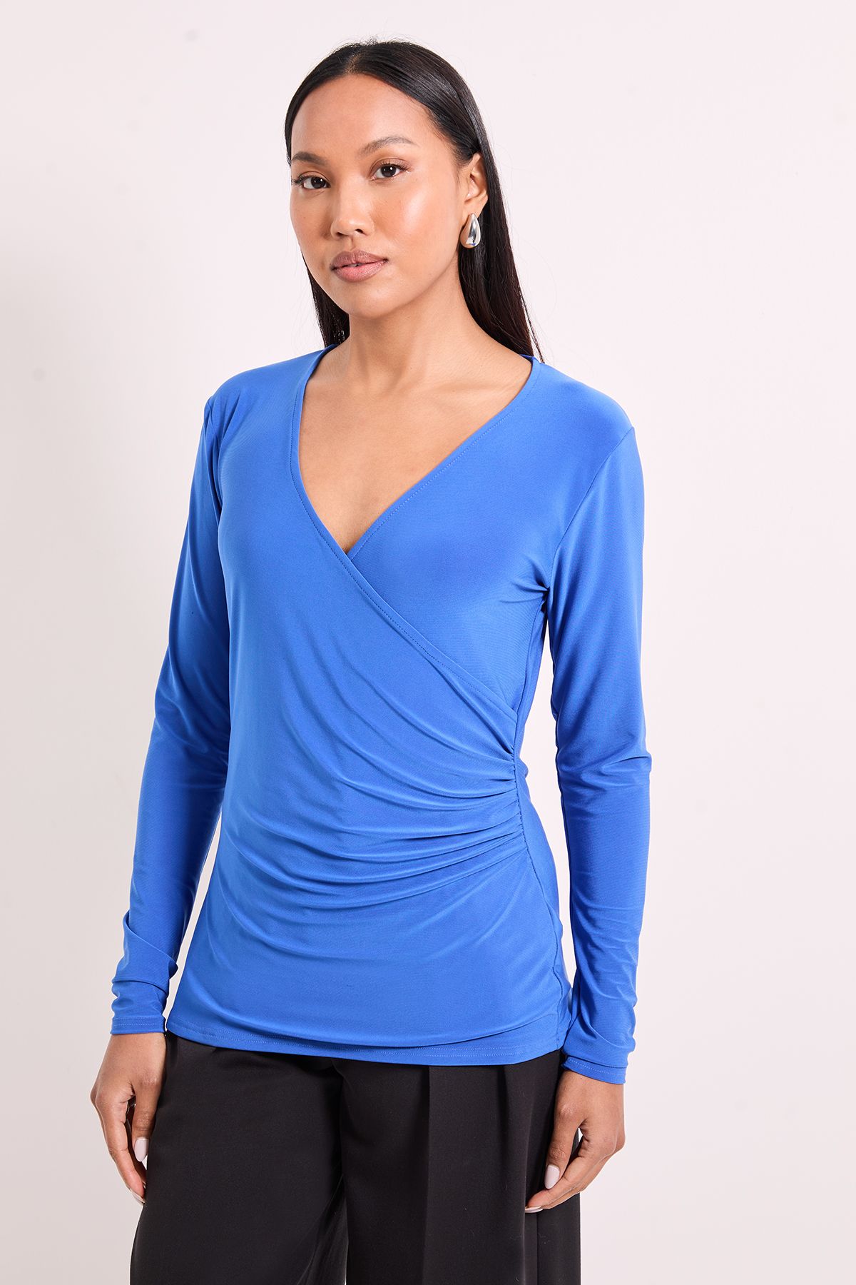 Principles Wrap Ruched Side Long Sleeve Jersey Top Cobalt