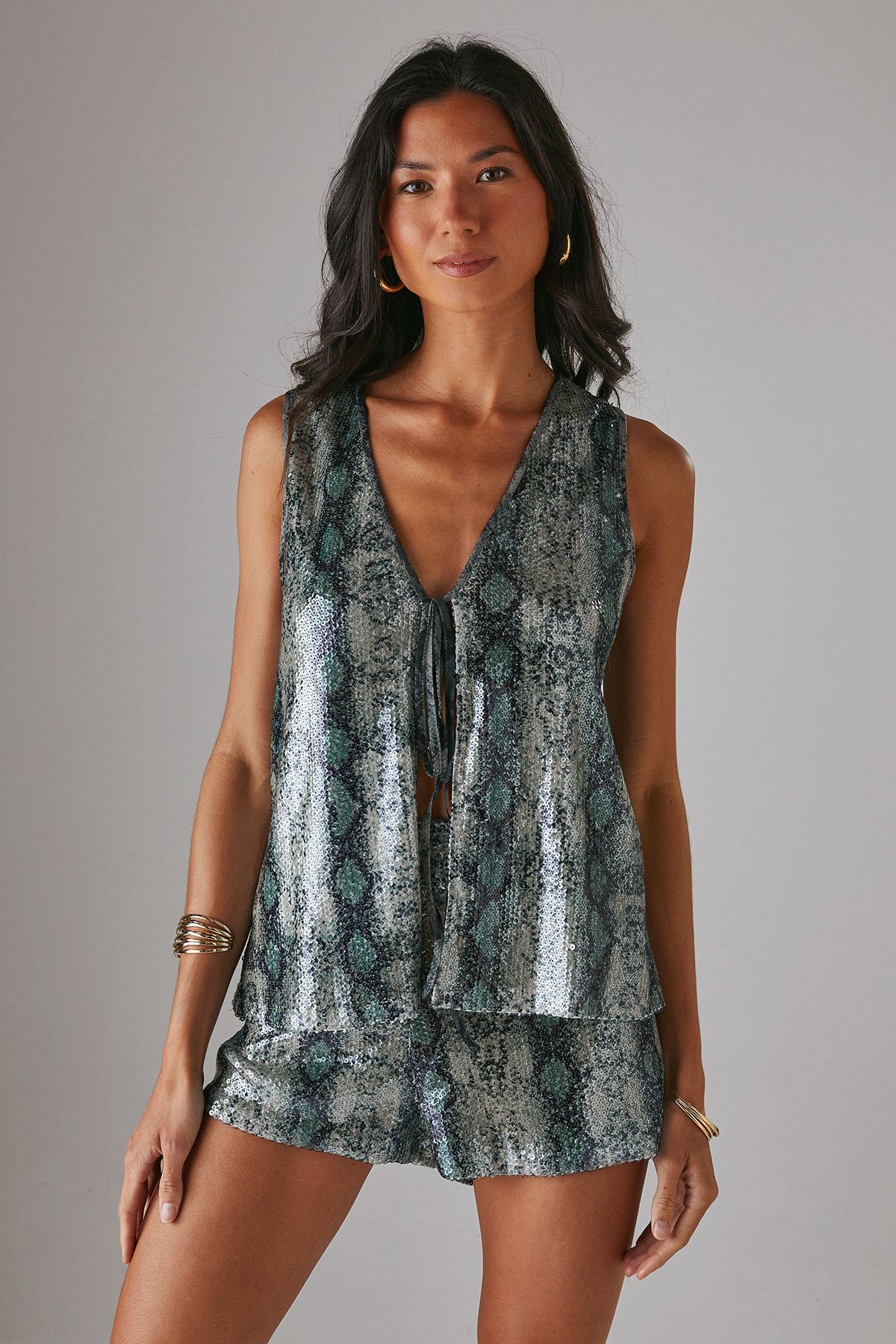 Warehouse Snake Sequin Tie Front Long Line Waistcoat Khaki image 2
