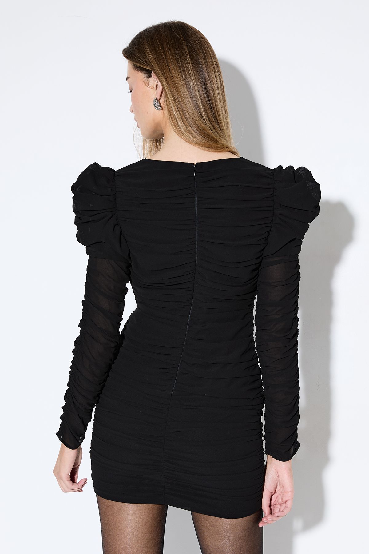 MissPap Ruched Detail Volume Shoulder Mini Dress Black image 3
