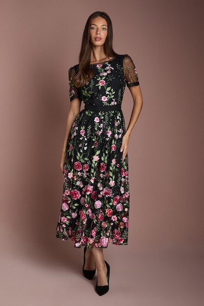 Coast Lace Trim Detail Embroidered Mesh Midi Dress Black