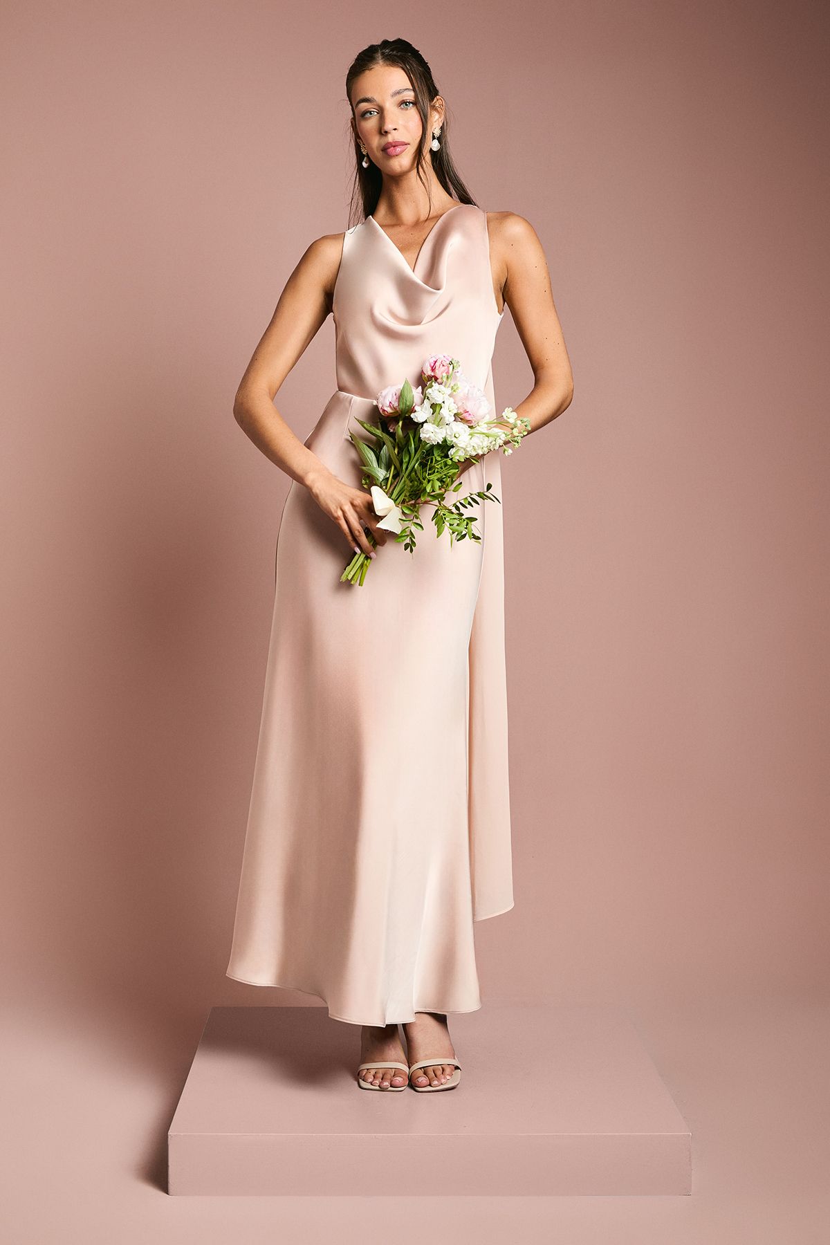 Coast Satin Cowl Neck Bridesmaid Dress with Chiffon Drape Blush