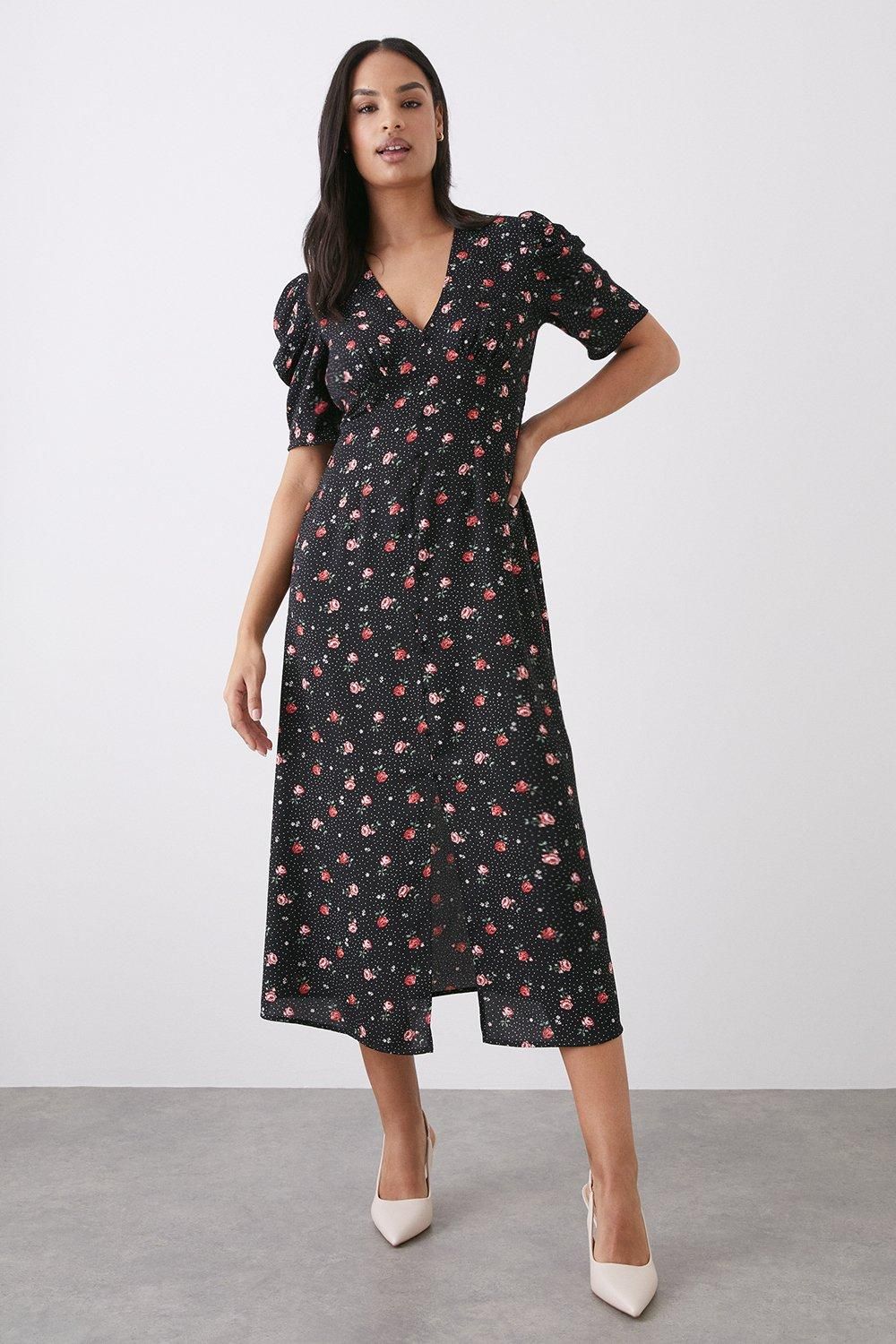 Dorothy Perkins Black Rose Print Button Through Midi Dress Black image 1