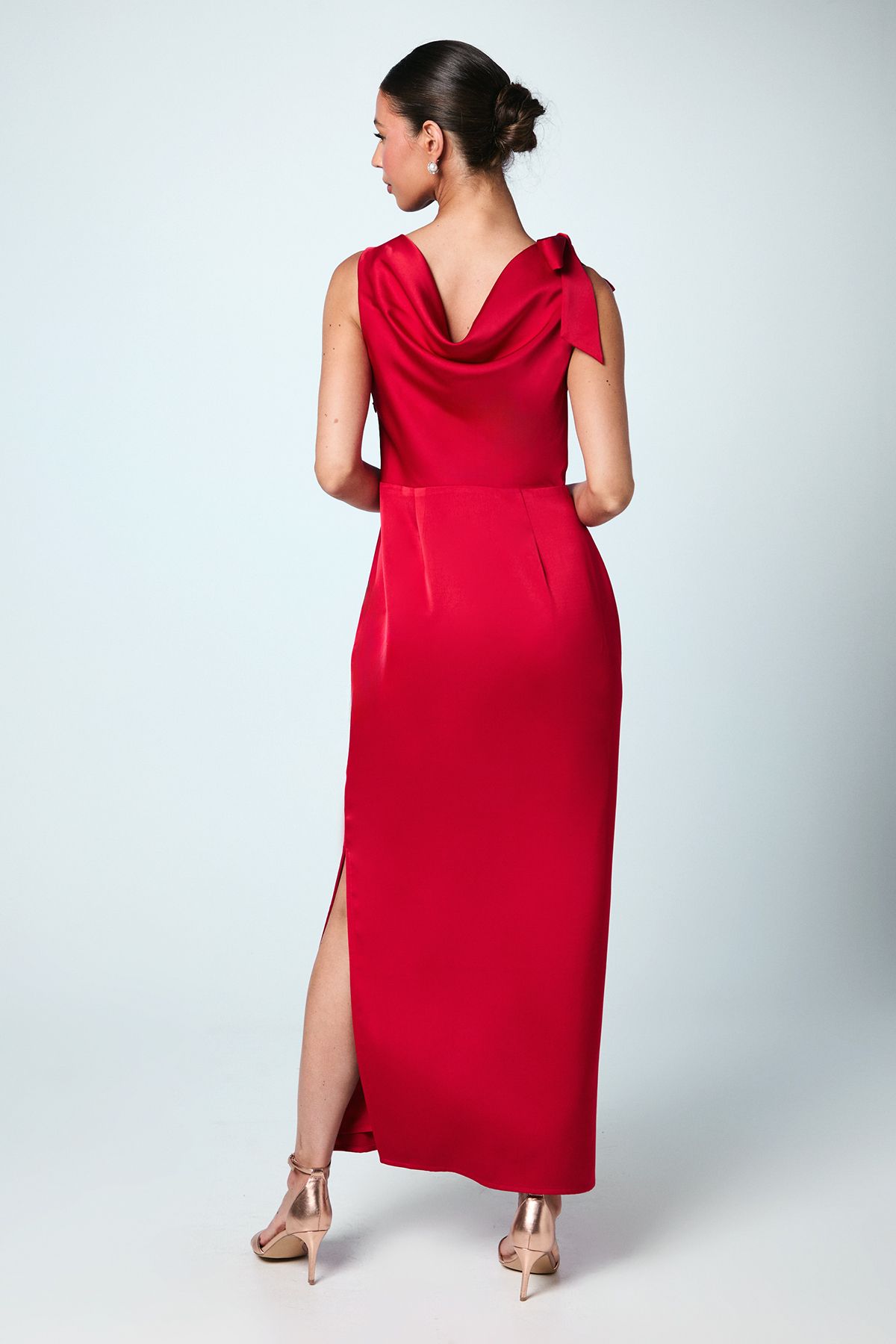 Coast Cowl Detail Tie Shoulder Column Satin Maxi Bridesmaid Dress Red image 3