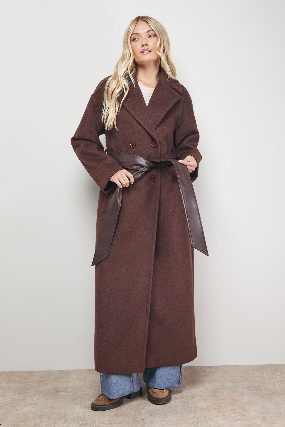 Oasis Relaxed Maxi Belted Coat Chocolate image 1