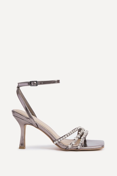 Linzi Bling Pewter Faux Leather Strappy Diamante Heel