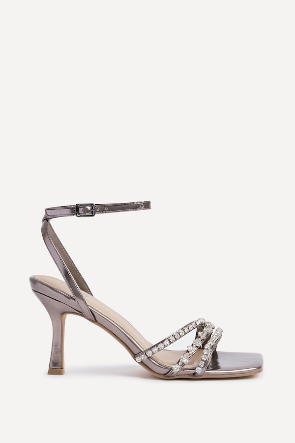 Linzi Bling Pewter Faux Leather Strappy Diamante Heel
