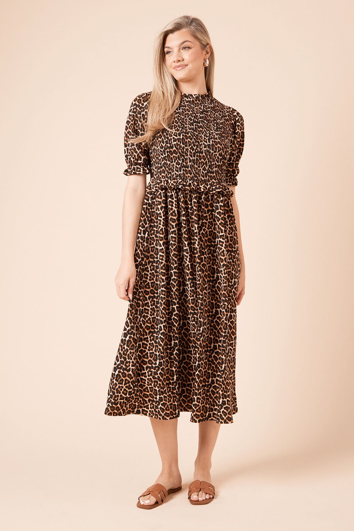 Dorothy Perkins Puff Sleeve Leopard Shirred Bodice Peplum Jersey Midi Dress Leopard image 1
