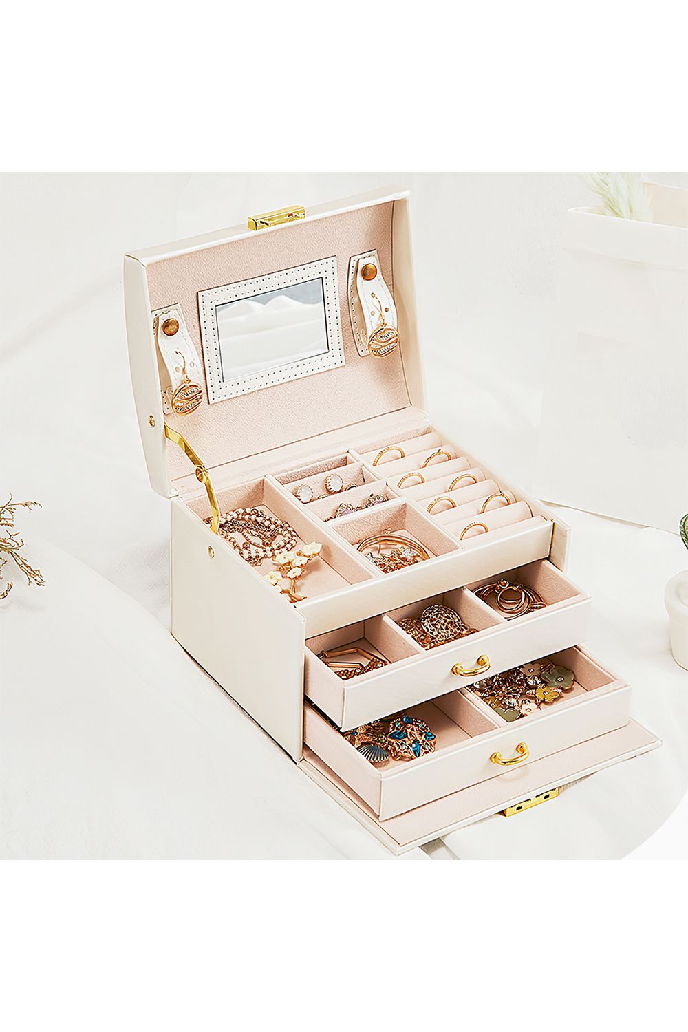 SHEONLY White PU Leather Jewellery Box with Mechanism Key Lock image 3