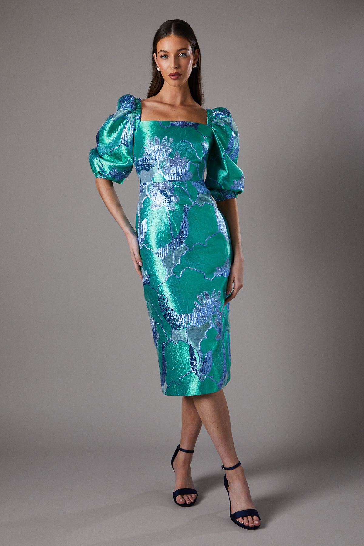 Coast Bubble Sleeve Jacquard Dress Green