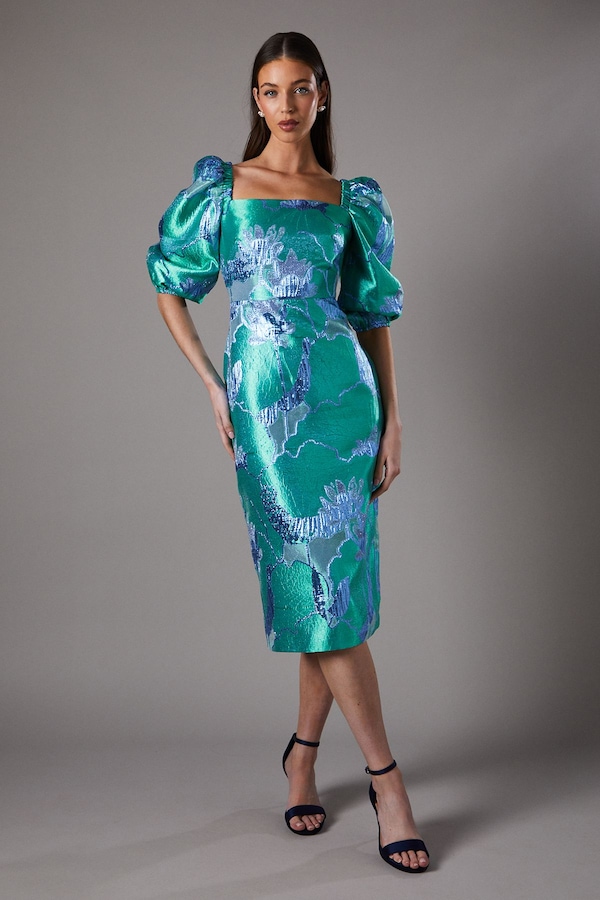 Coast Bubble Sleeve Jacquard Dress Green
