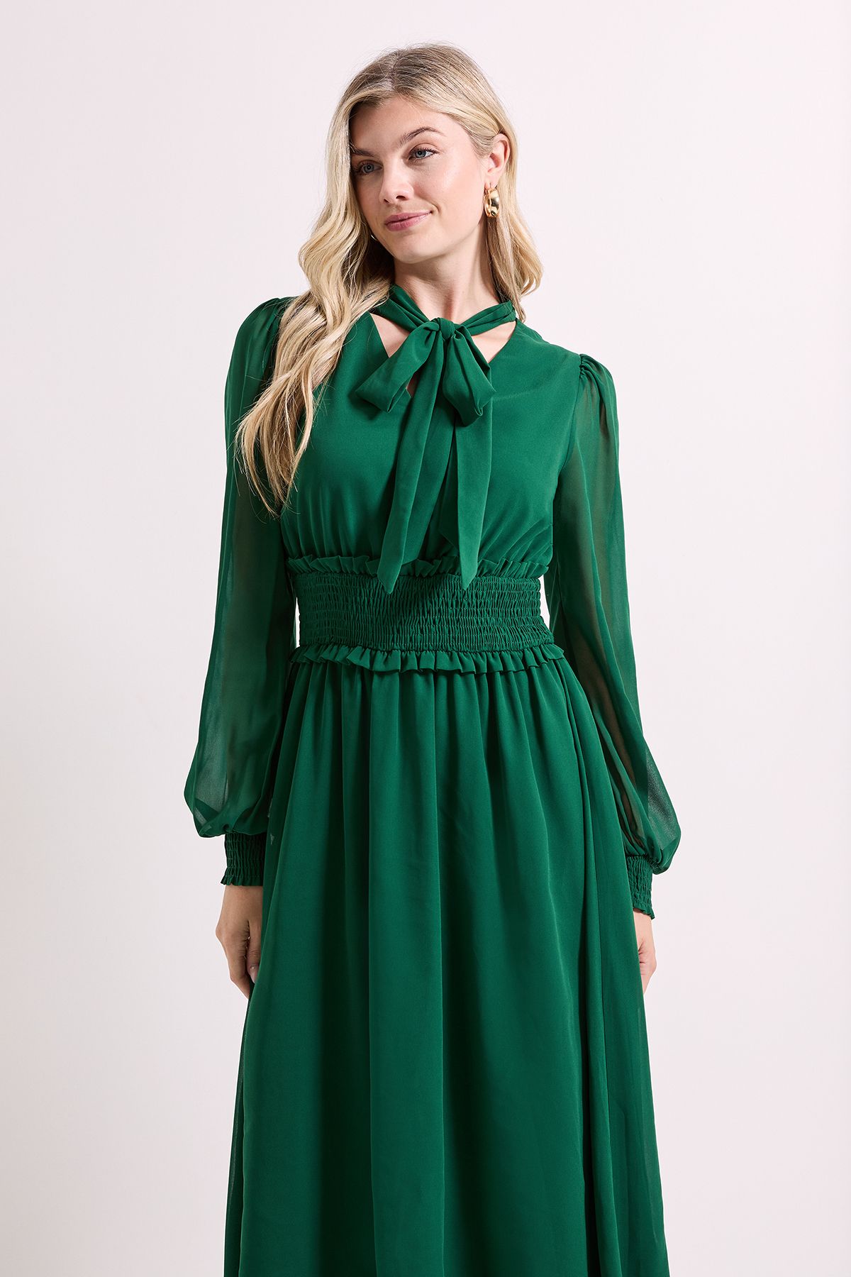 Dorothy Perkins Bow Tie Neck Detail Shirred Waist Midi Dress Forest image 2