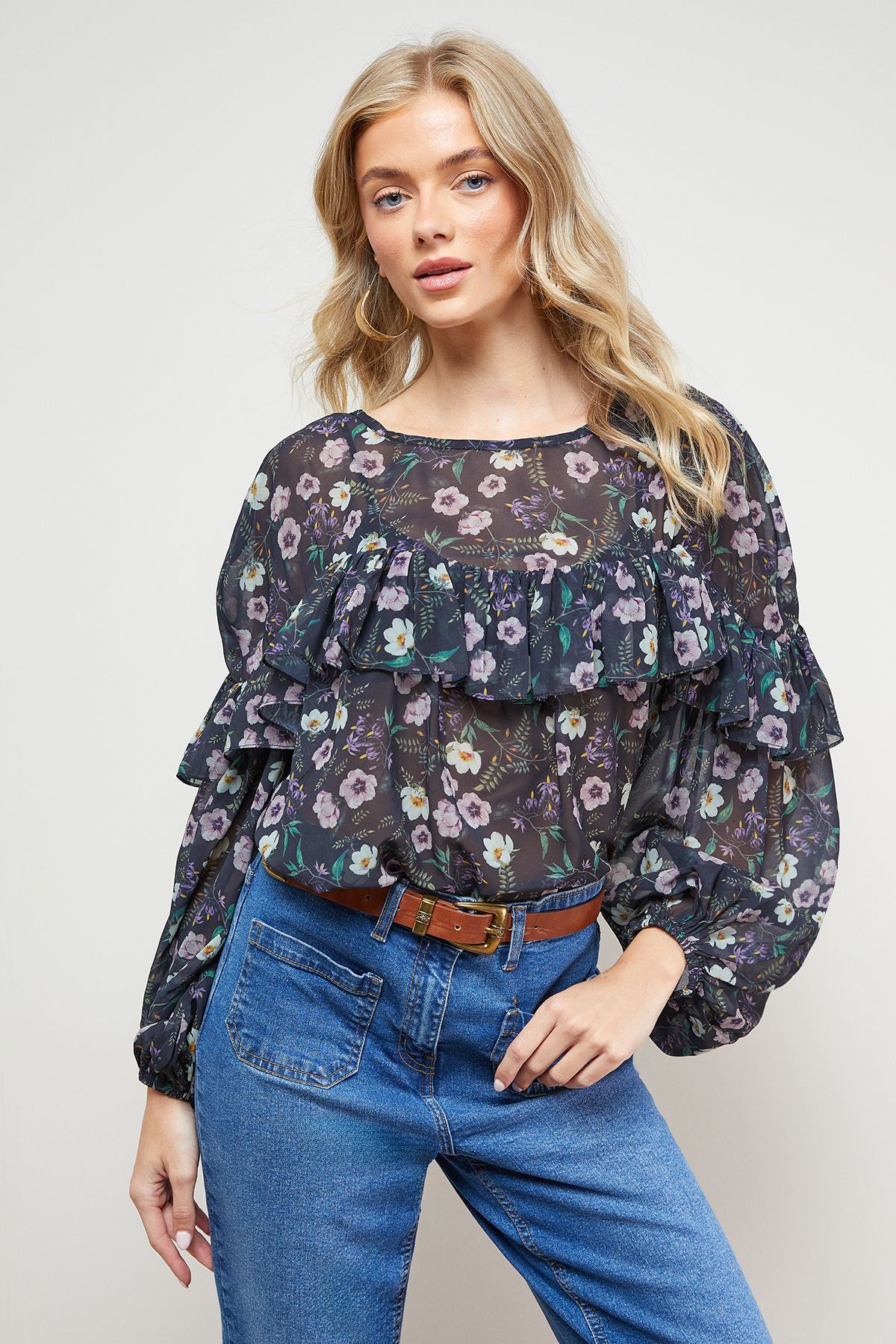 Oasis Printed Ruffle Yoke Balloon Sleeve Boho Blouse Black image 2