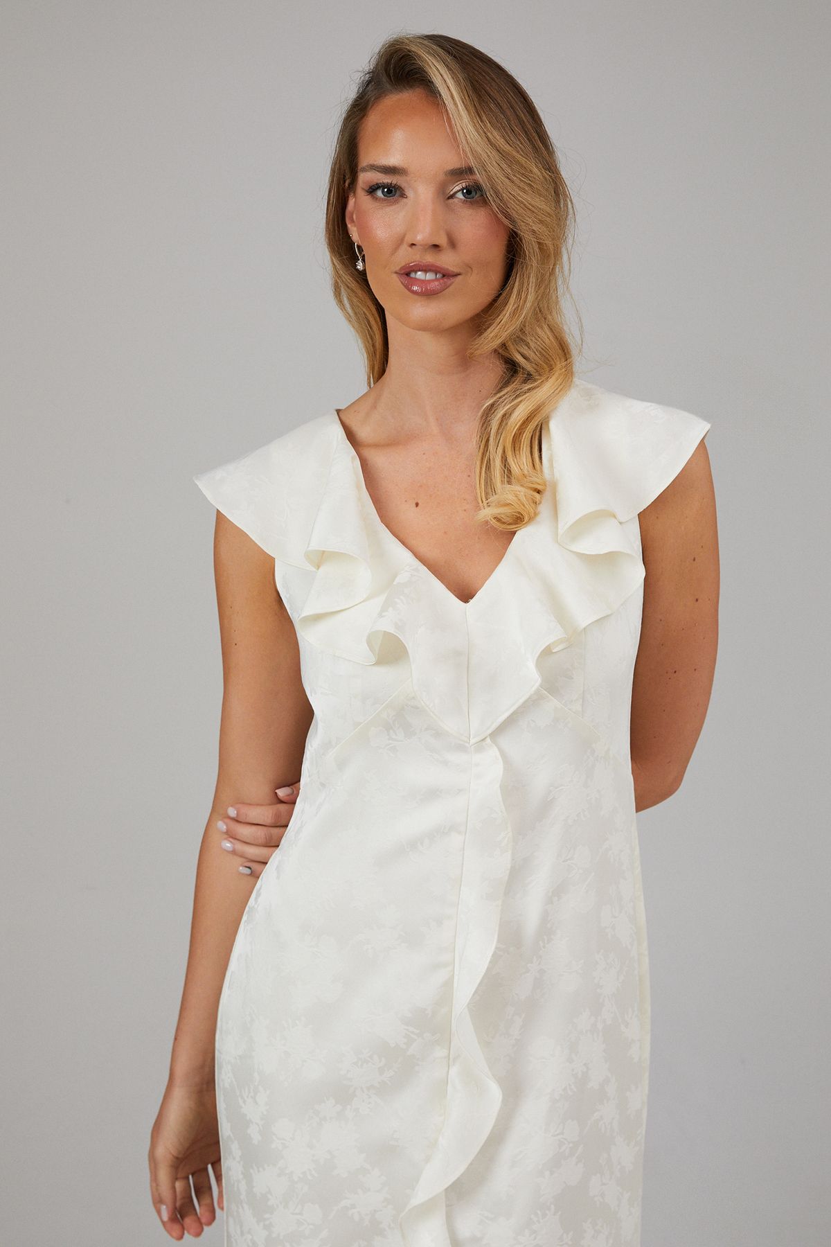 Oasis Satin Jacquard Ruffle V Neck Bridesmaid Dress Champagne image 2