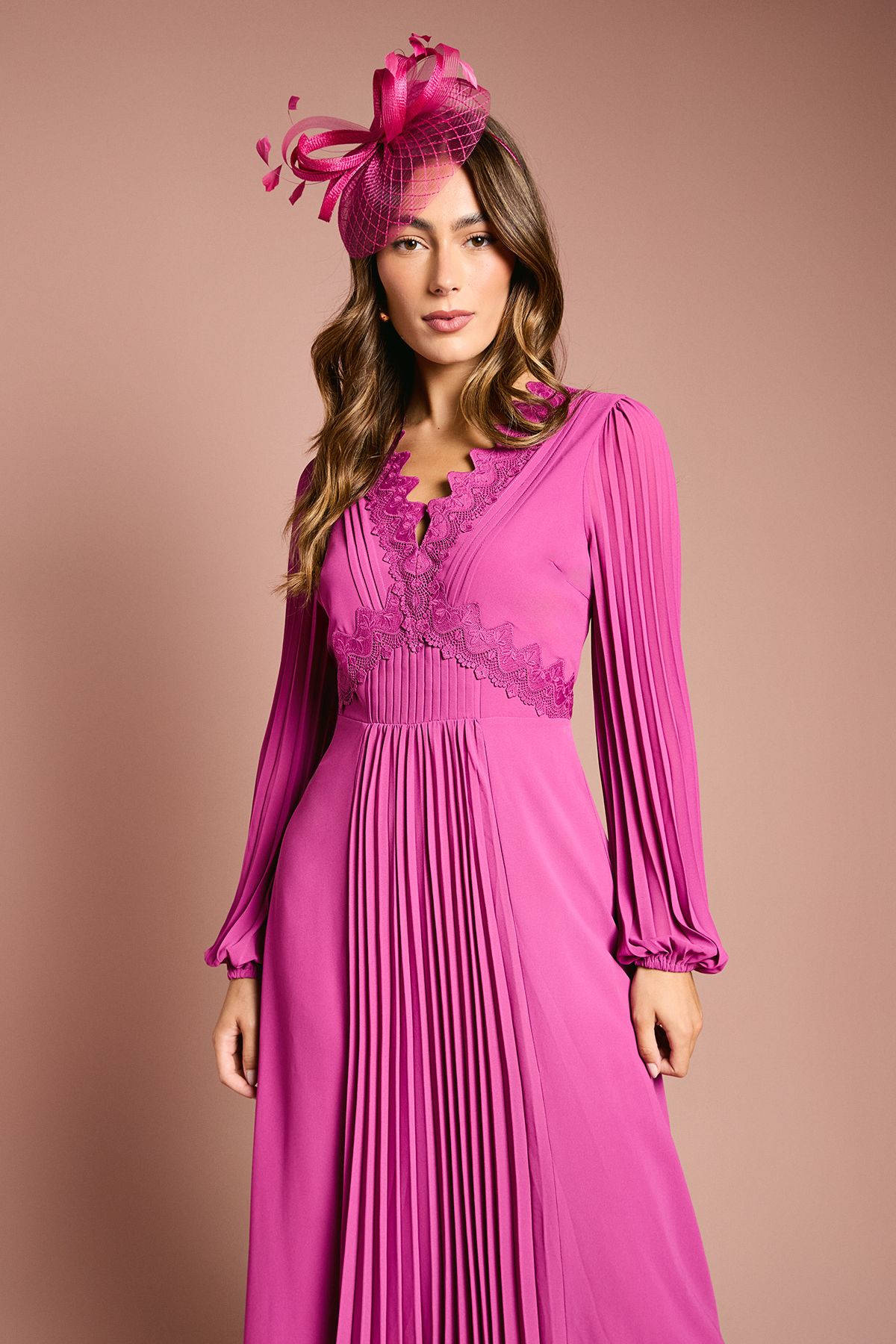 Coast Pleat Detail Lace Trim Maxi Dress Berry image 2