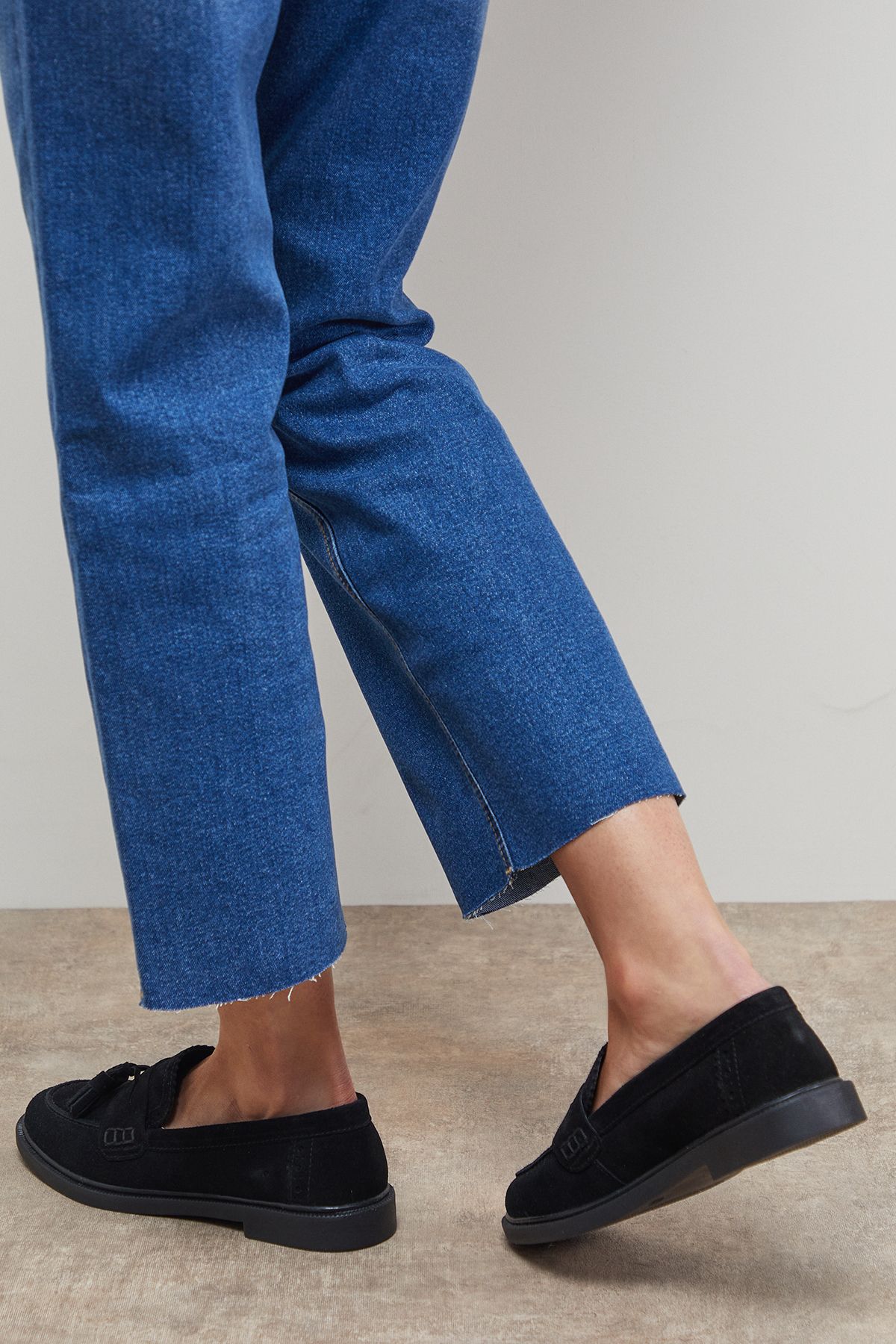 Oasis Bunny Suede Brogue Detail Tassel Loafers Natural Black image 3