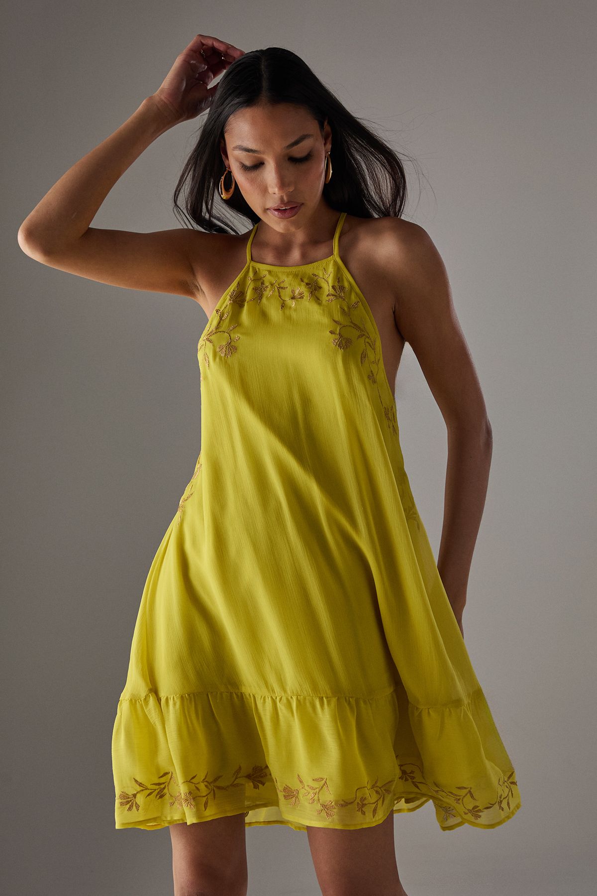 Warehouse HCD Chiffon Embroidered Halter Mini Dress Chartreuse image 4