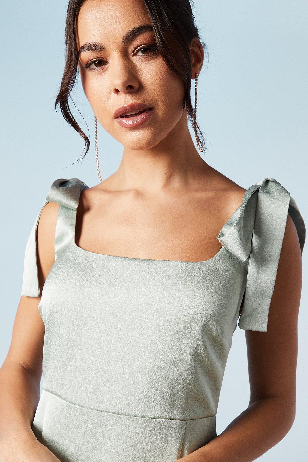 Oasis Satin Tie Shoulder Midi Bridesmaids Dress Sage image 2