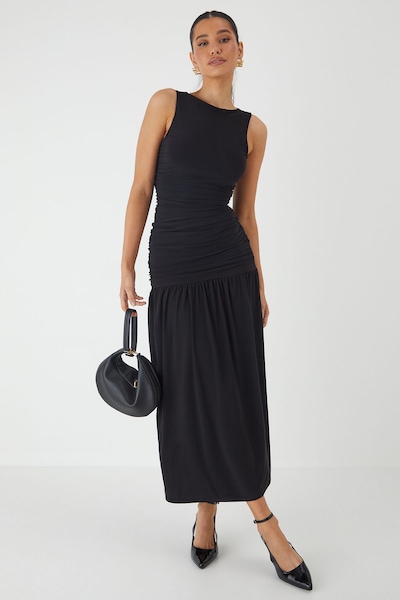 MissPap Ruched Slash Neck Maxi Dress Black