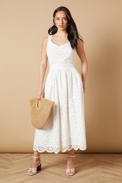 Oasis Embroidered Broderie Midi Dress White