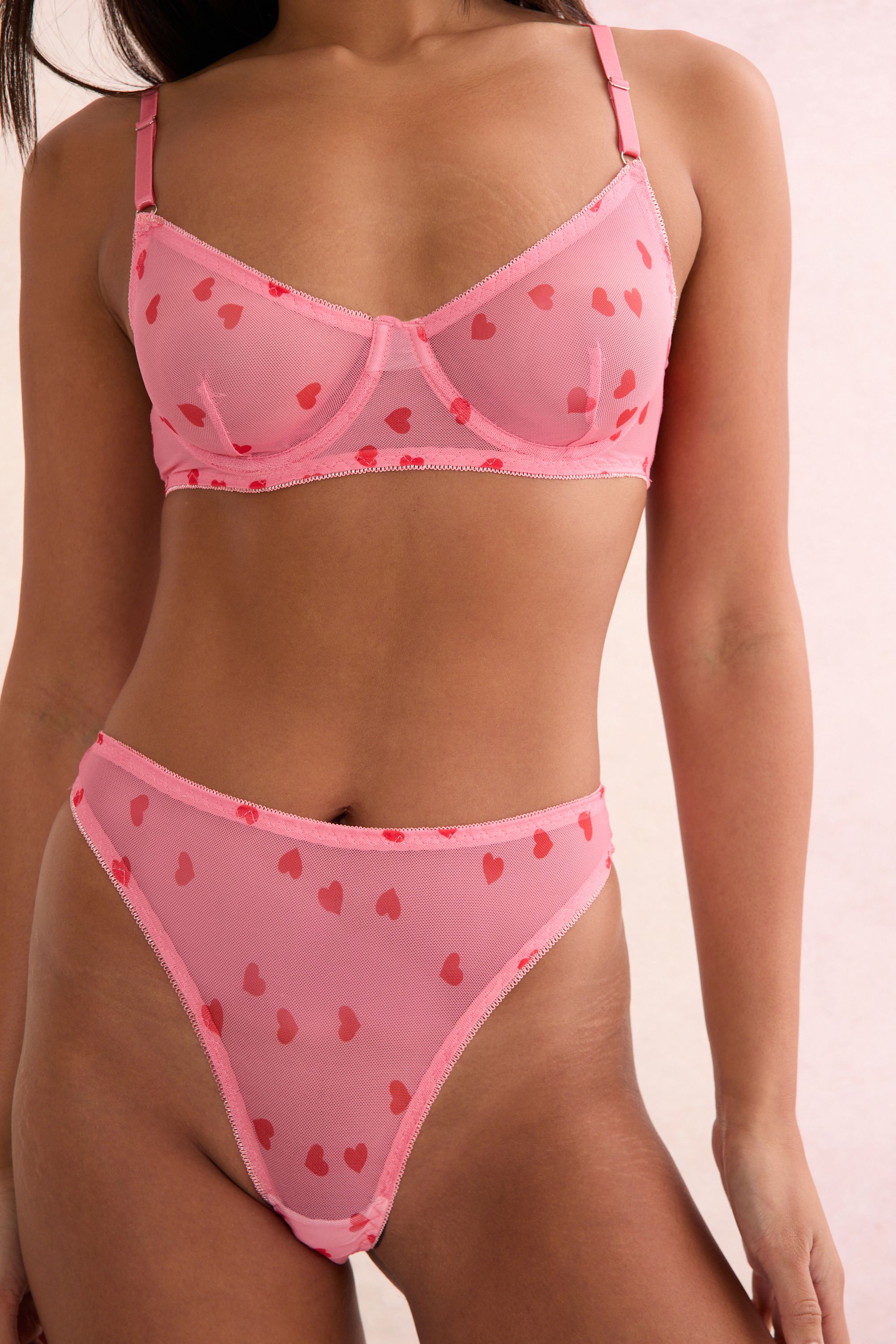 NastyGal Heart Print Mesh Underwire Set Pink image 2