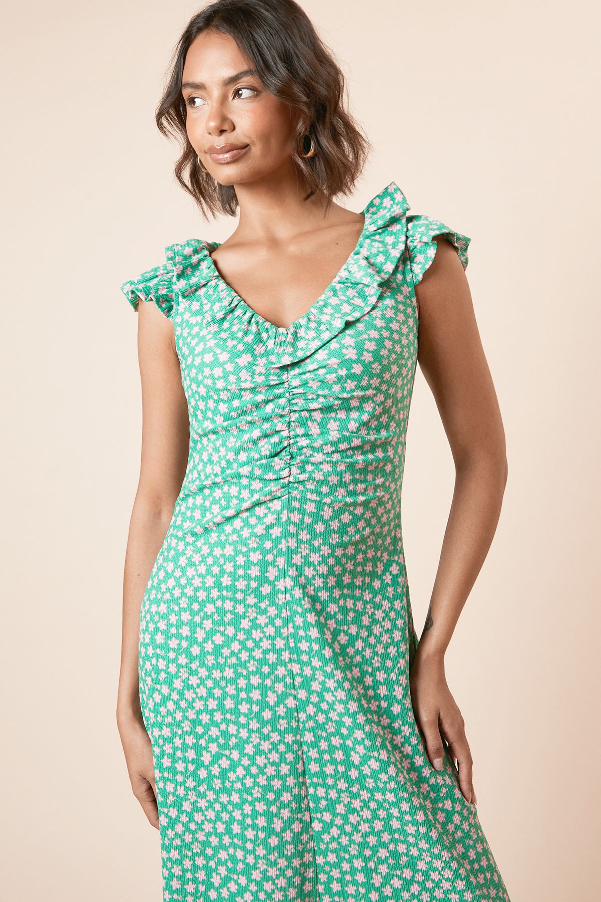 Dorothy Perkins Green Ditsy Frill Neck Ruched Front Jersey Midi Dress Green image 2