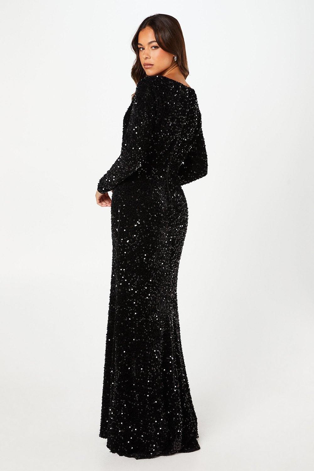 Coast Square Neck Velvet Sequin Long Sleeve Black Maxi Dress Black image 3