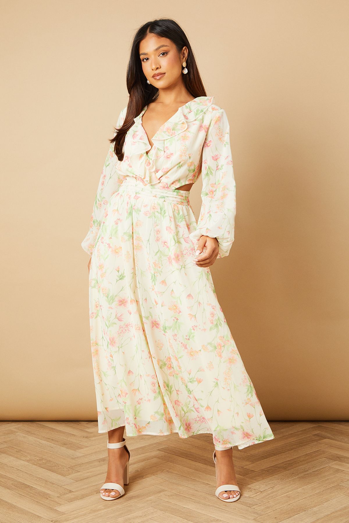 Oasis Petite Printed Cut Out Long Sleeve Midi Dress Ivory image 1